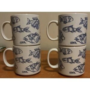 Vintage Newcor Stoneware Coffee Mugs  Blue Fish White Underwater Costal Set Of 4